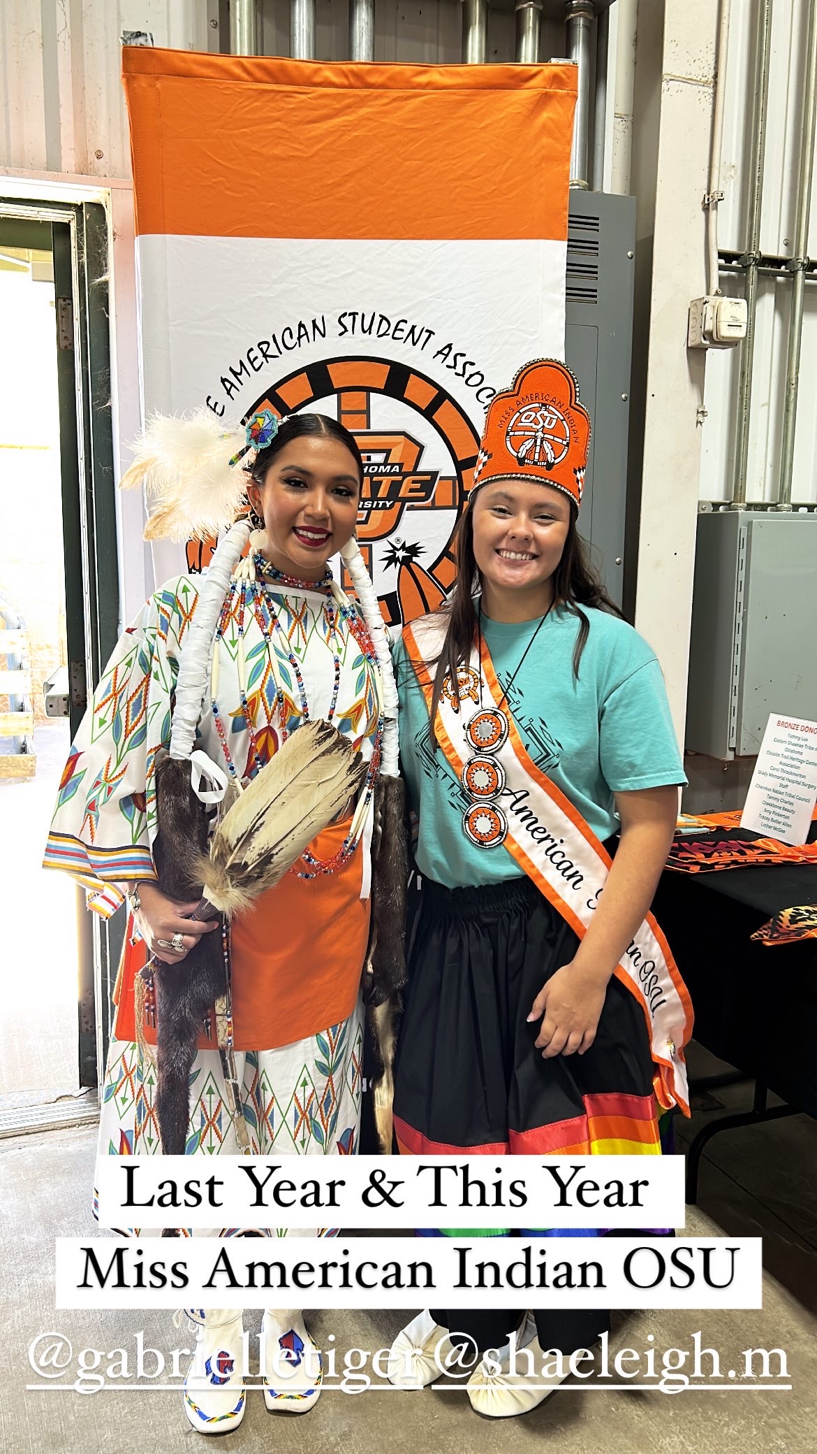 Former Miss American Indian OSU and 2023 OSU NASA Powwow Head Lady, Gabrielle Tiger, snaps a picture with 2023 Miss American Indian OSU, Shae McGee