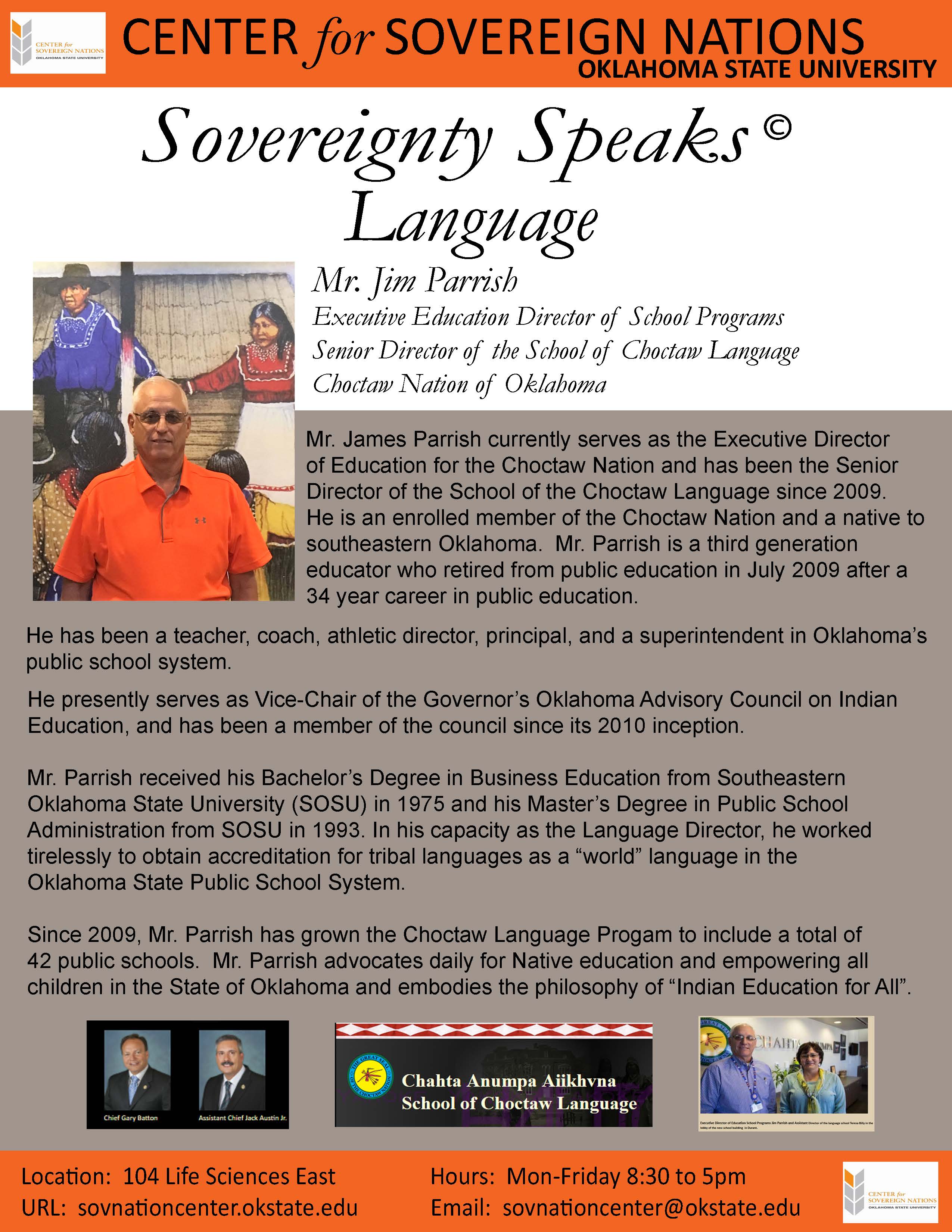 Headshot of Jim Parrish (Choctaw Nation Senior Director of Language) with the title ‘Tribal Sovereignty through Language – Choctaw Nation’. Headshot of Jim Parrish (Choctaw Nation Senior Director of Language) with the title ‘Tribal Sovereignty through Language – Choctaw Nation’.