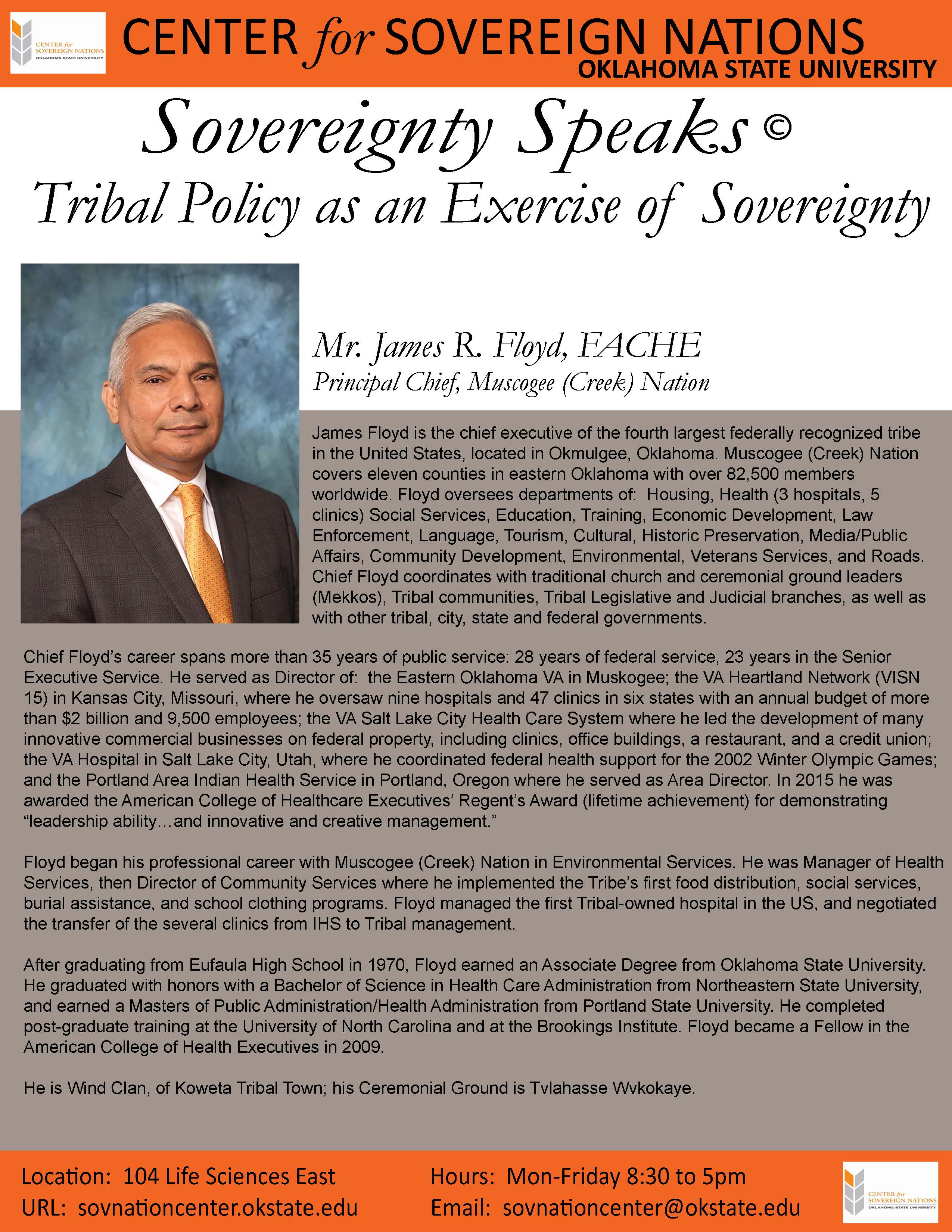 Headshot of Principal Chief James Floyd (Muscogee (Creek) Nation) with the title ‘Sovereignty through Tribal Policy – Muscogee Nation’. Headshot of Principal Chief James Floyd (Muscogee (Creek) Nation) with the title ‘Sovereignty through Tribal Policy – Muscogee Nation’.