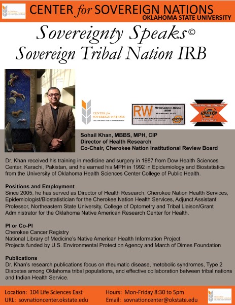 Headshot of Dr. Sohail Khan (Cherokee Nation Director of Health Research) with the title ‘Sovereign Tribal Nation IRBs – Cherokee Nation’. Headshot of Dr. Sohail Khan (Cherokee Nation Director of Health Research) with the title ‘Sovereign Tribal Nation IRBs – Cherokee Nation’.