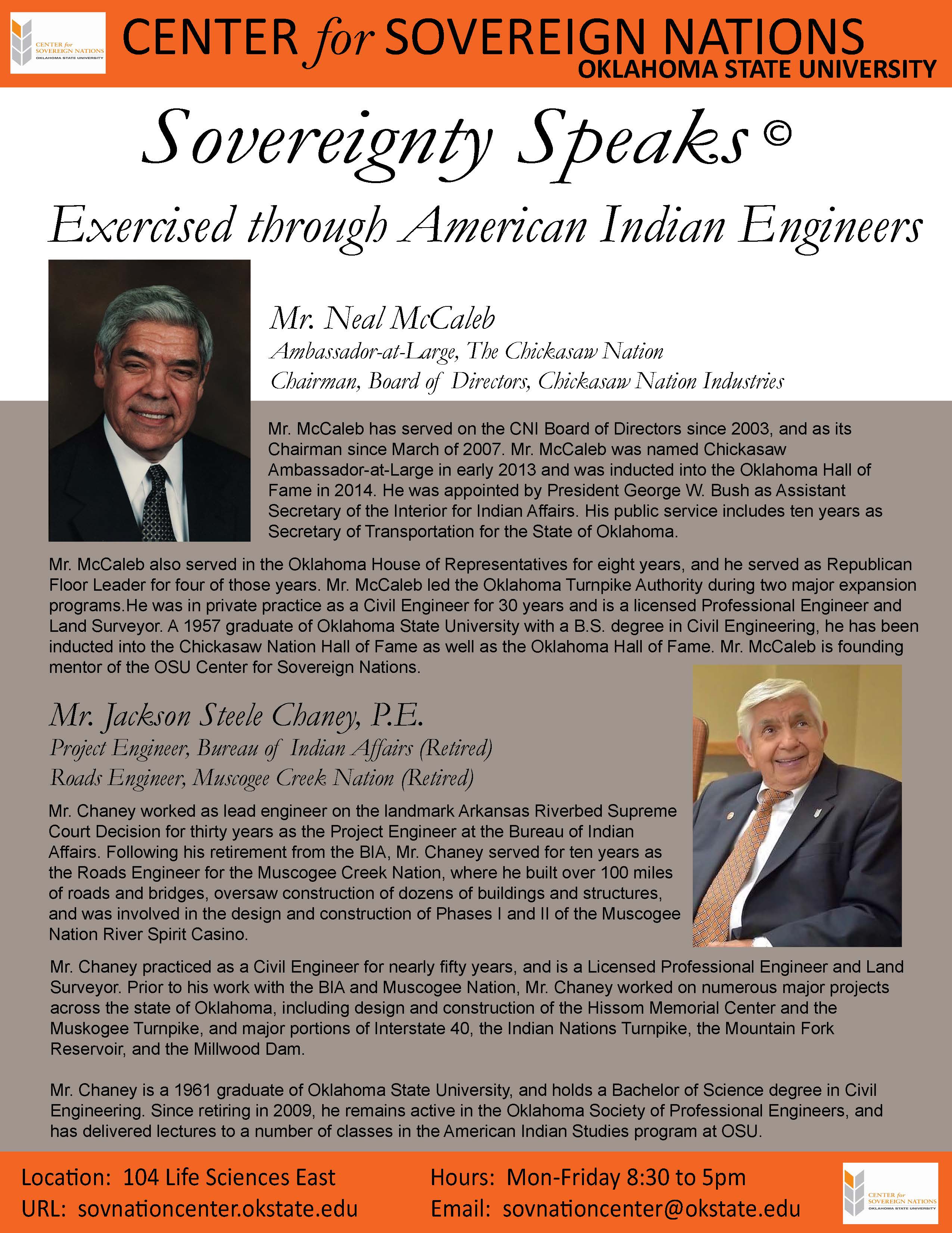Headshots of Neal McCaleb (Chickasaw Nation Ambassador‑at‑Large) and Jack Chaney (OSU Engineering Alumnus) with the title ‘American Indian Engineering – Chickasaw Nation & OSU’. Headshots of Neal McCaleb (Chickasaw Nation Ambassador‑at‑Large) and Jack Chaney (OSU Engineering Alumnus) with the title ‘American Indian Engineering – Chickasaw Nation & OSU’.
