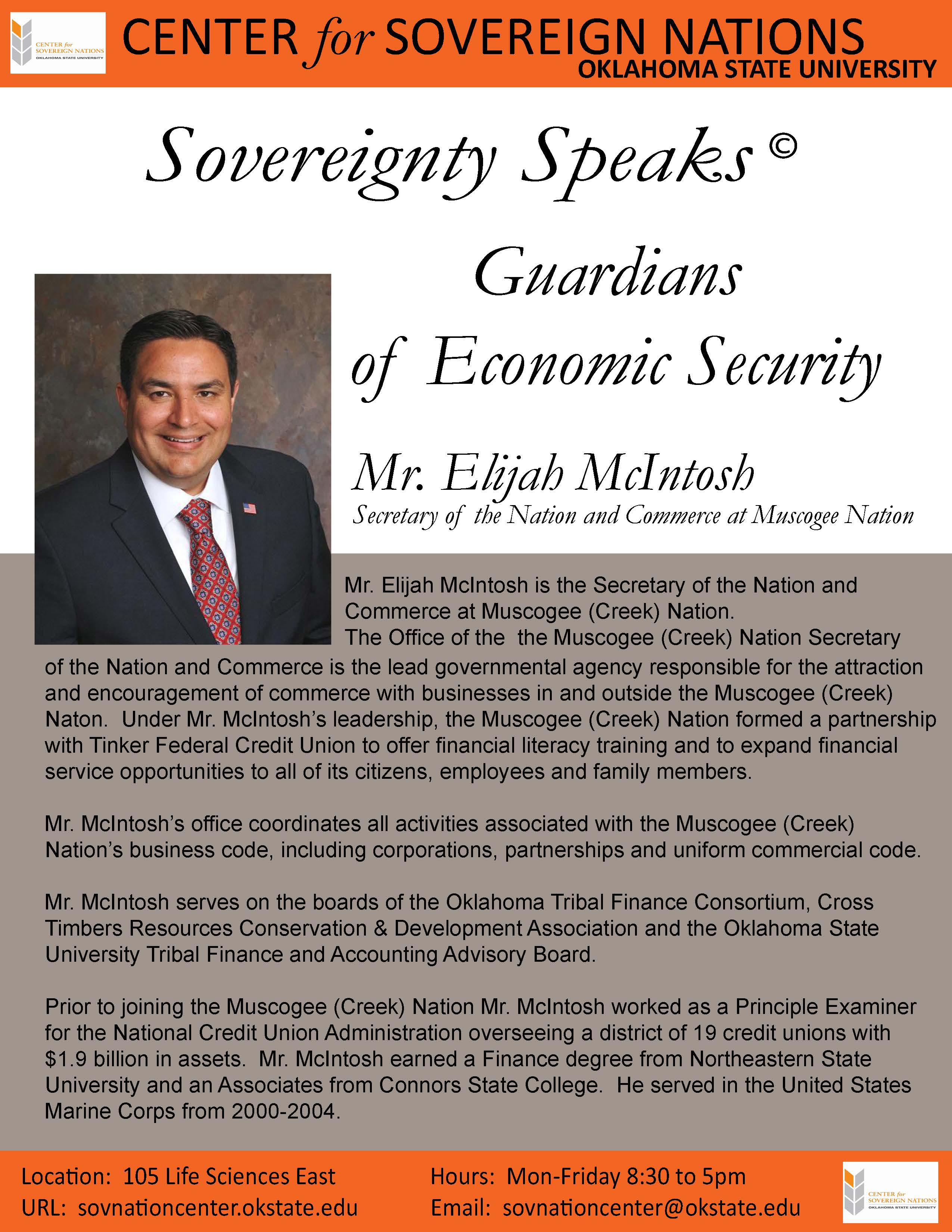 Headshot of Elijah McIntosh (Muscogee Nation Secretary of the Nation) with the title ‘Guardians of Economic Security – Muscogee Nation’. Headshot of Elijah McIntosh (Muscogee Nation Secretary of the Nation) with the title ‘Guardians of Economic Security – Muscogee Nation’.