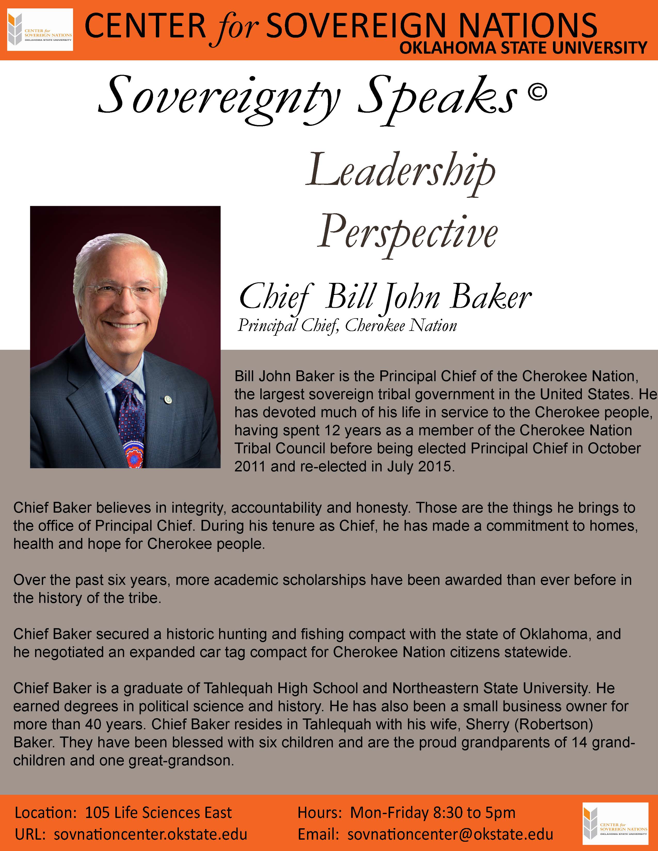 Headshot of Principal Chief Bill John Baker (Cherokee Nation) with the title ‘Tribal Nation Leadership – Cherokee Nation’. Headshot of Principal Chief Bill John Baker (Cherokee Nation) with the title ‘Tribal Nation Leadership – Cherokee Nation’.
