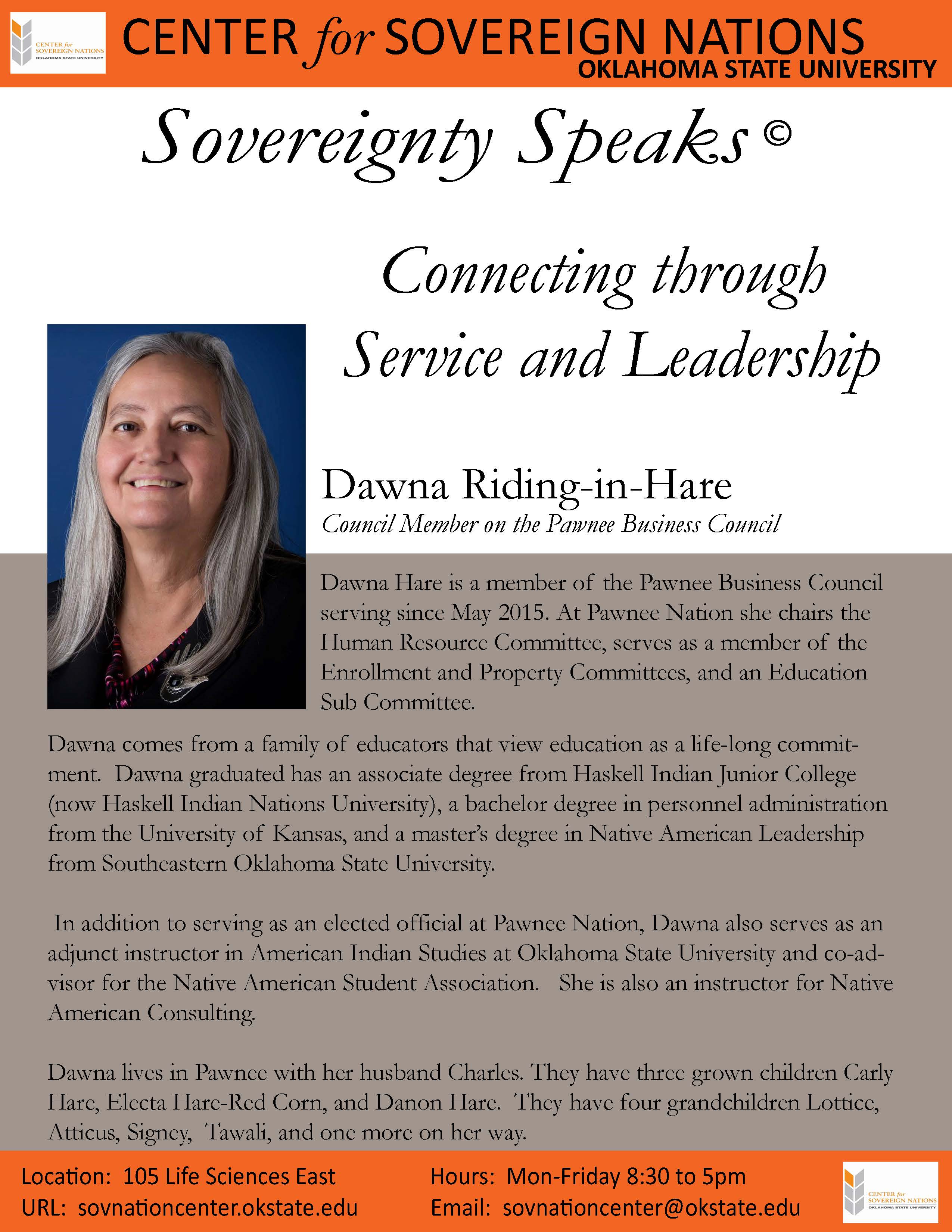 Headshot of Dawna Riding‑in‑Hare (Pawnee Business Council) with the title ‘Connecting through Service & Leadership – Pawnee Nation’. Headshot of Dawna Riding‑in‑Hare (Pawnee Business Council) with the title ‘Connecting through Service & Leadership – Pawnee Nation’.