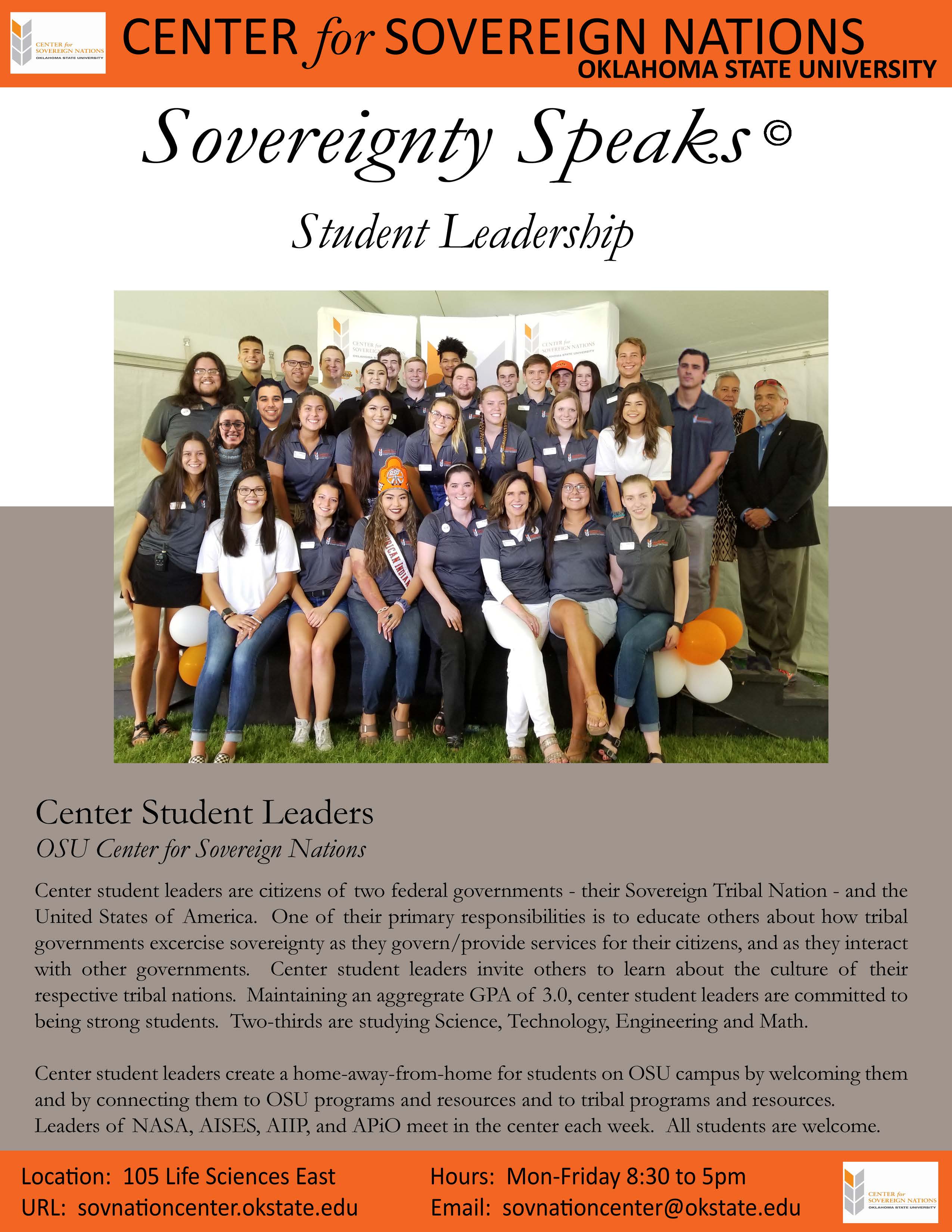 Group photo of OSU Center for Sovereign Nations Student Ambassadors with the title ‘Student Leadership Experience – OSU Student Ambassadors’. Group photo of OSU Center for Sovereign Nations Student Ambassadors with the title ‘Student Leadership Experience – OSU Student Ambassadors’.