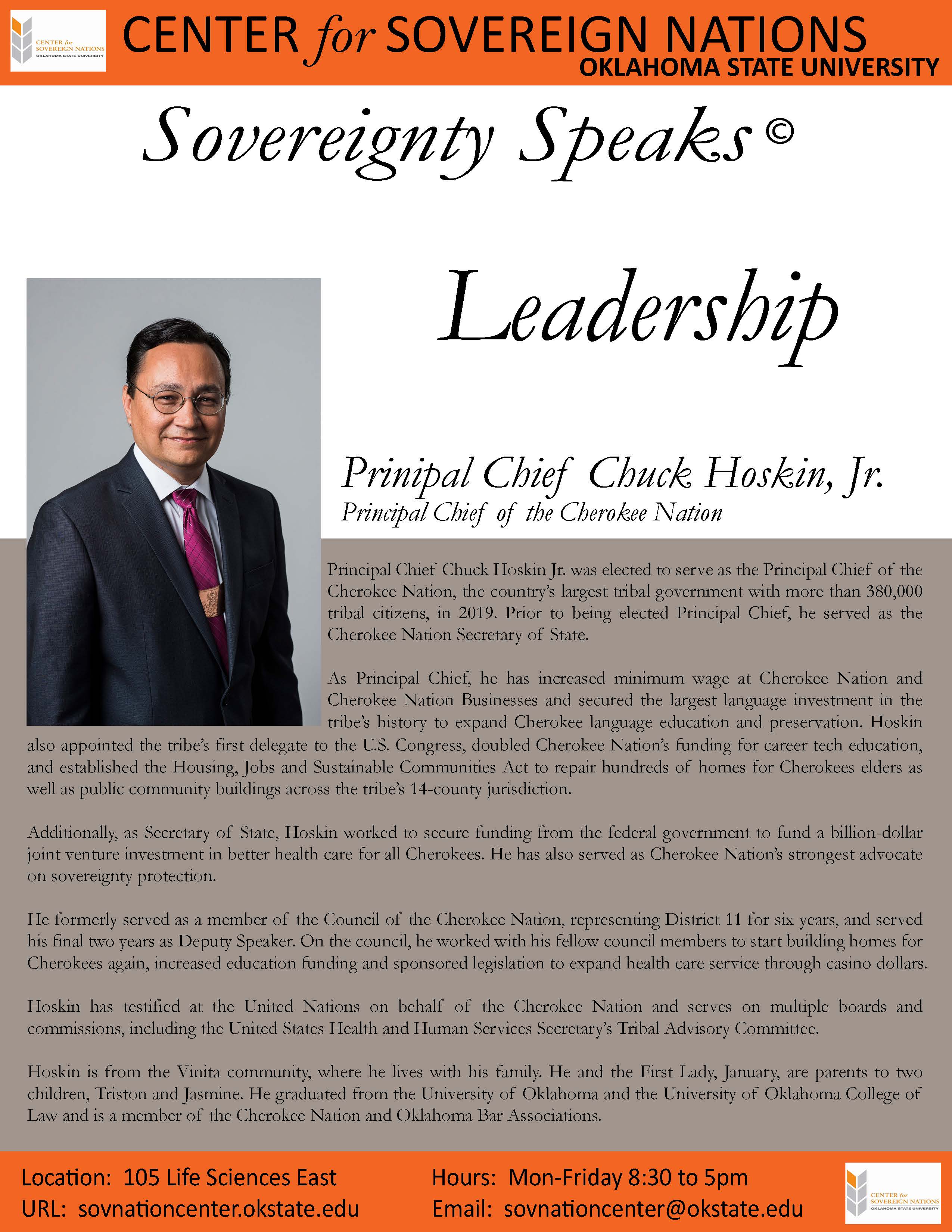 Headshot of Principal Chief Chuck Hoskin Jr. (Cherokee Nation) with the title ‘Sovereign Nation Leadership – Cherokee Nation’. Headshot of Principal Chief Chuck Hoskin Jr. (Cherokee Nation) with the title ‘Sovereign Nation Leadership – Cherokee Nation’.