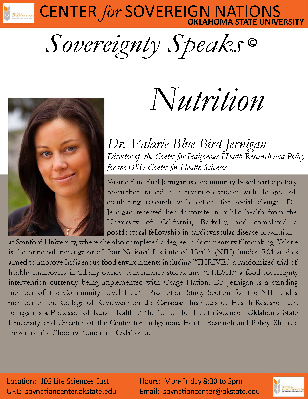 Headshot of Dr. Valarie Blue Bird Jernigan (Director of CIHRP, OSU‑CHS) with the title ‘Sovereignty through Nutrition – Dr. Valarie Blue Bird Jernigan’. Headshot of Dr. Valarie Blue Bird Jernigan (Director of CIHRP, OSU‑CHS) with the title ‘Sovereignty through Nutrition – Dr. Valarie Blue Bird Jernigan’.