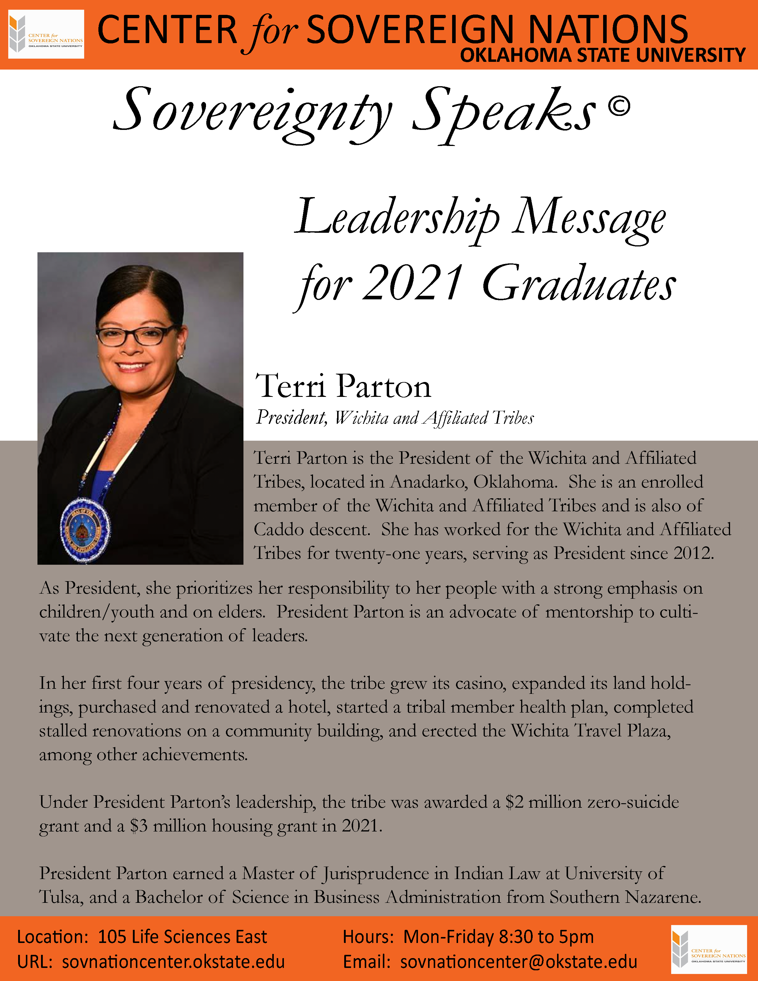 Headshot of President Terri Parton (Wichita & Affiliated Tribes) with the title ‘Leadership Message for 2021 Graduates – Wichita & Affiliated Tribes’. Headshot of President Terri Parton (Wichita & Affiliated Tribes) with the title ‘Leadership Message for 2021 Graduates – Wichita & Affiliated Tribes’.