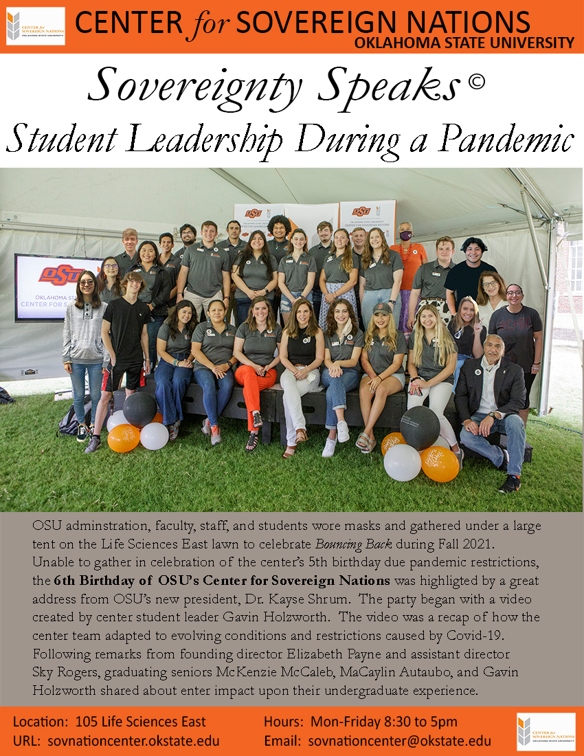 Group photo of OSU Center for Sovereign Nations Student Ambassadors with the title ‘Student Leadership During a Pandemic – OSU Student Ambassadors’. Group photo of OSU Center for Sovereign Nations Student Ambassadors with the title ‘Student Leadership During a Pandemic – OSU Student Ambassadors’.
