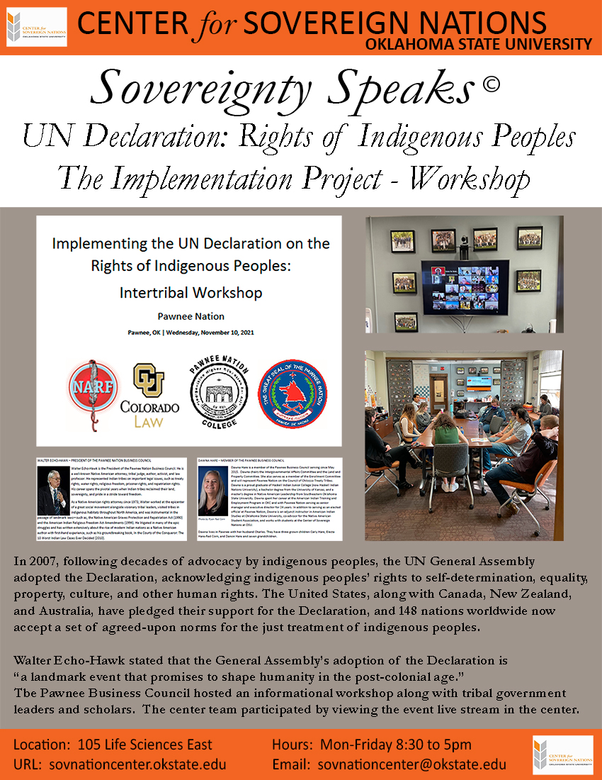 Group photo representing Pawnee Nation, NARF, Colorado Law, & Pawnee Nation College with the title ‘UN Declaration: Rights of Indigenous Peoples'. Group photo representing Pawnee Nation, NARF, Colorado Law, & Pawnee Nation College with the title ‘UN Declaration: Rights of Indigenous Peoples