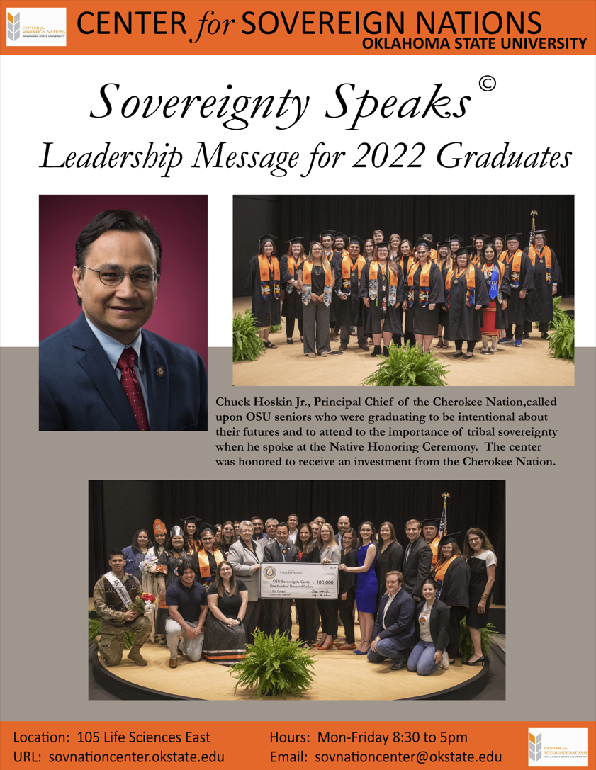 Headshot of Principal Chief Chuck Hoskin Jr. (Cherokee Nation) with the title ‘Leadership Message for 2022 Graduates – Cherokee Nation’. Headshot of Principal Chief Chuck Hoskin Jr. (Cherokee Nation) with the title ‘Leadership Message for 2022 Graduates – Cherokee Nation’.