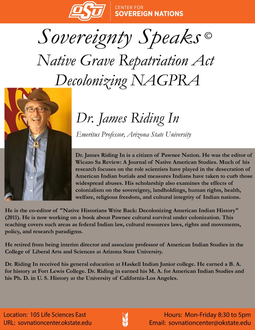 Dr. James Riding-In Bio Photo Headshot of Dr. James Riding‑In (ASU Emeritus Professor) with the title ‘Native Grave Repatriation Act – Dr. James Riding‑In’.