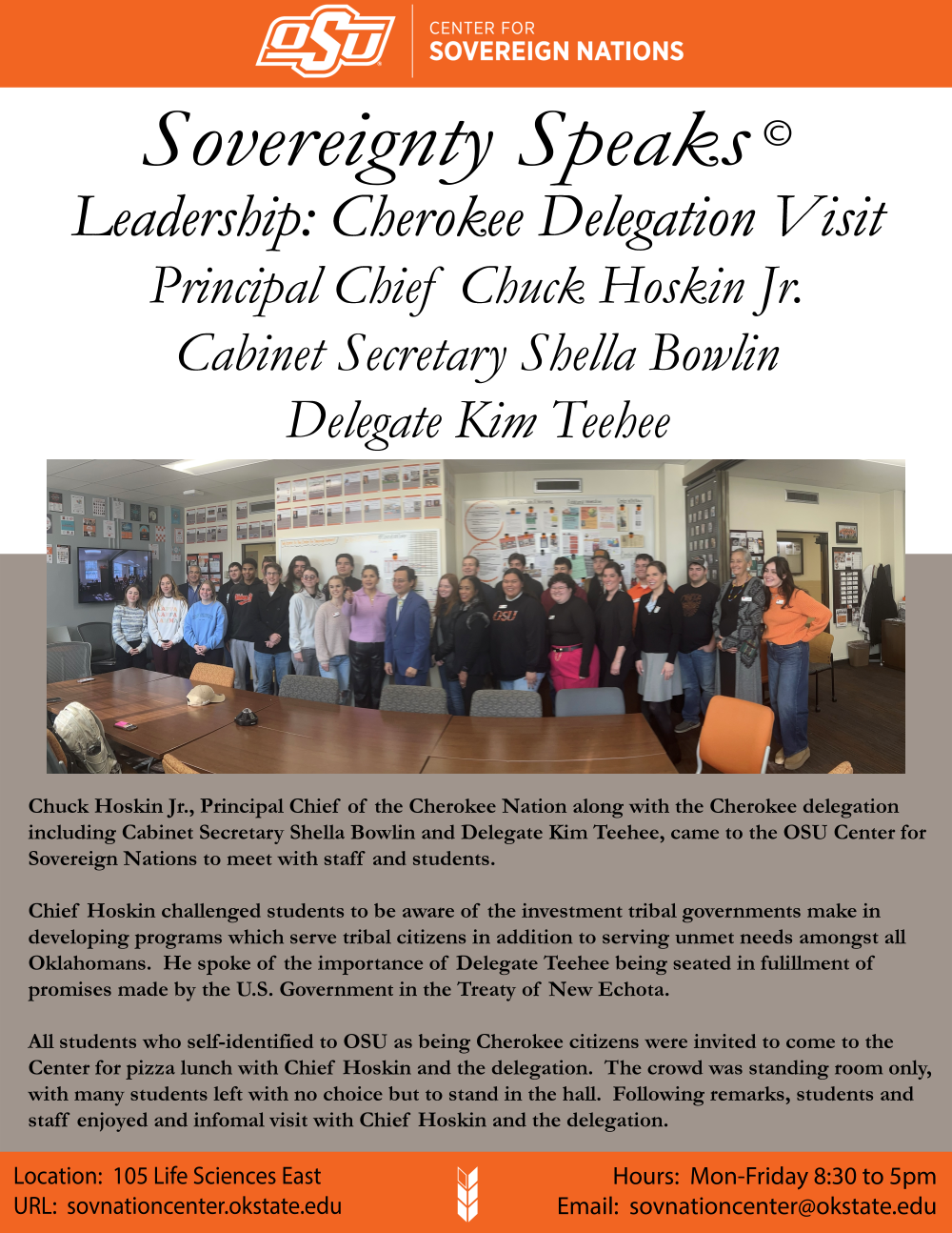 Photo of Principal Chief Hoskin Jr., Secretary Bowlin & Delegate Teehee with the title ‘Leadership: Cherokee Delegation – Cherokee Nation’. Photo of Principal Chief Hoskin Jr., Secretary Bowlin & Delegate Teehee with the title ‘Leadership: Cherokee Delegation – Cherokee Nation’.