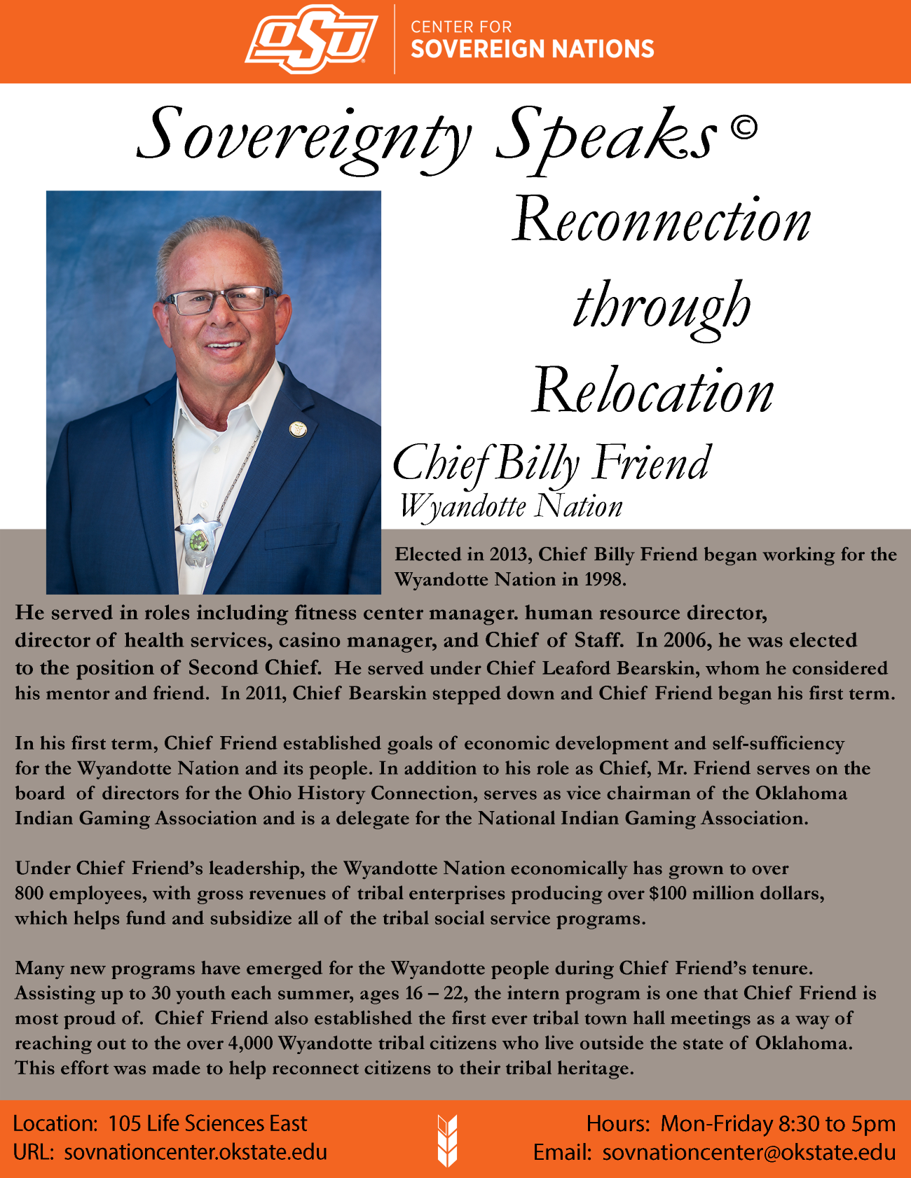 Headshot of Chief Billy Friend (Wyandotte Nation) with the title ‘Reconnection through Relocation – Wyandotte Nation’. Headshot of Chief Billy Friend (Wyandotte Nation) with the title ‘Reconnection through Relocation – Wyandotte Nation’.