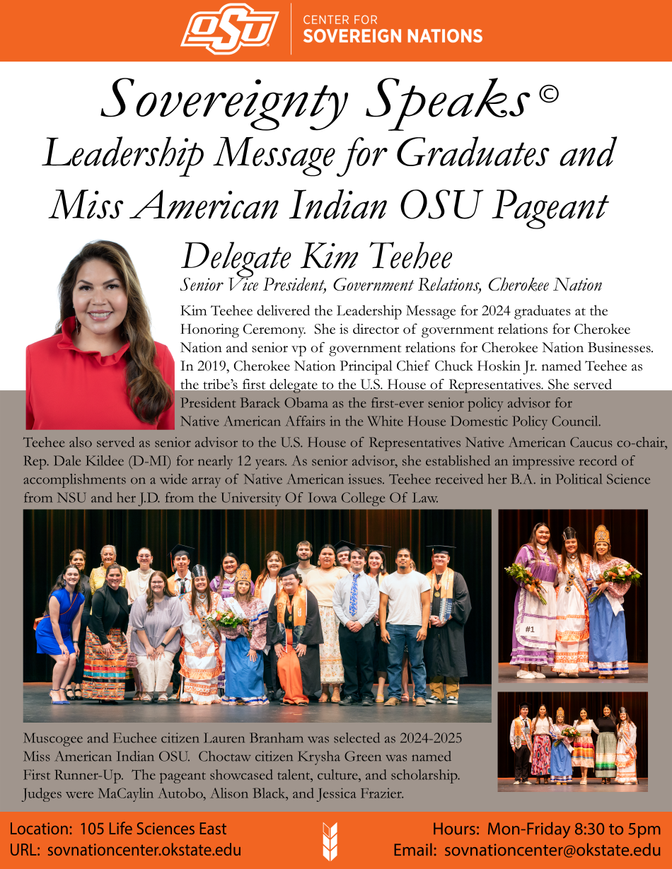 Photo of Delegate Kimberly Teehee (Cherokee Nation) with the title ‘Leadership Message for 2024 Graduates – Cherokee Nation’. Photo of Delegate Kimberly Teehee (Cherokee Nation) with the title ‘Leadership Message for 2024 Graduates – Cherokee Nation’.