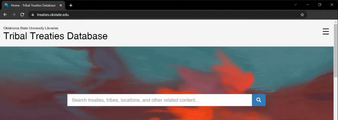 Webpage of the Tribal Treaties Database with a search bar over an abstract colored background.